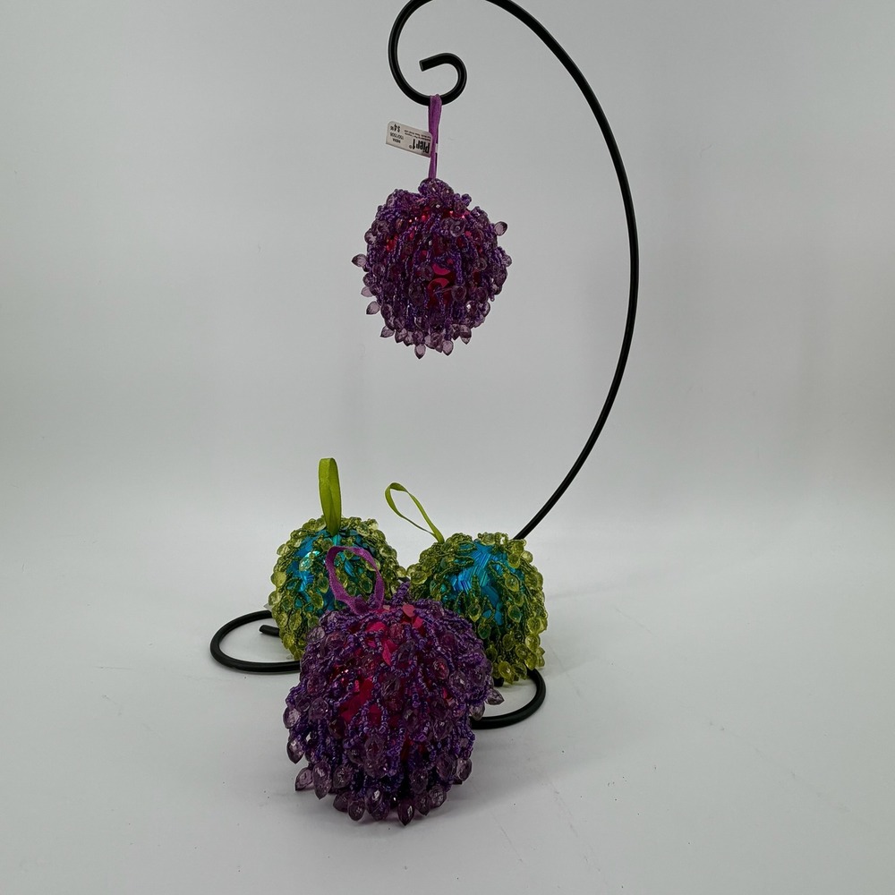 Pier 1 Beaded Bauble Ornaments‎ Set of 4 Purple Blue Green Festive Decor